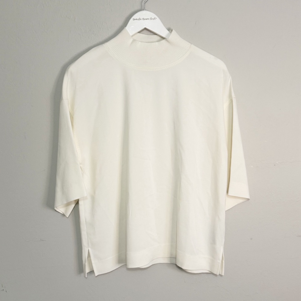 REISS Women’s Ivory Rib Mix Woven AMAYA Tee Mock Neck Ribbed Details Size 6 - Picture 4 of 8